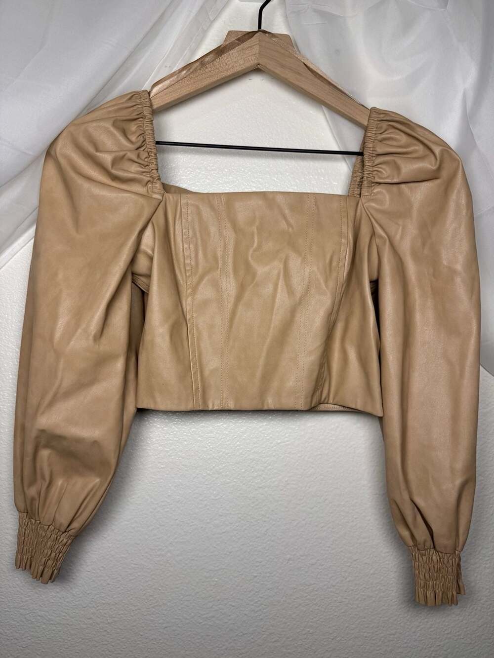 7 For All Mankind Tan Faux Leather Puff Sleeve Crop Top City Girl